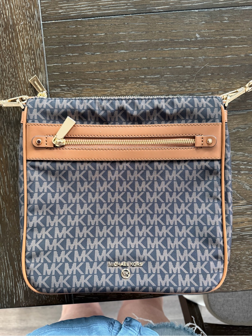 Michael Kors Jet Set North South MK Logo Crossbody with Tan Leather Trim